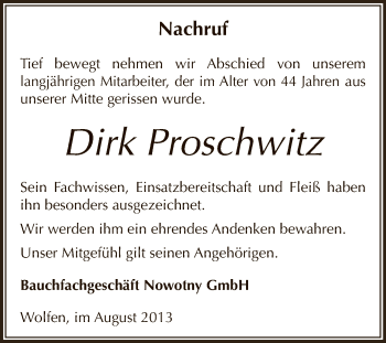 Traueranzeige von Dirk Proschwitz von WVG - Wochenspiegel Bitterfeld