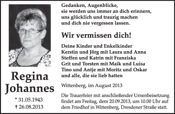Traueranzeige von Regina Johannes von Super Sonntag Wittenberg