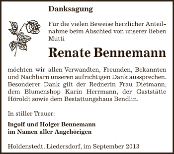 Traueranzeige von Renate Bennemann von WVG - Wochenspiegel SGH