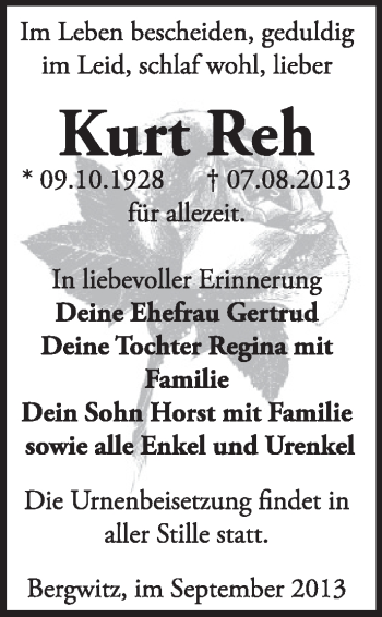 Traueranzeige von Kurt Reh von Super Sonntag Wittenberg