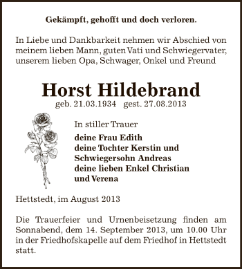 Traueranzeige von Horst Hildebrand von Super Sonntag SGH Mansf. Land