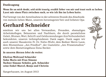 Traueranzeige von Gerhard Schneider von Super Sonntag SGH Mansf. Land