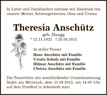 Traueranzeige von Theresia Anschütz von Super Sonntag Bernburg