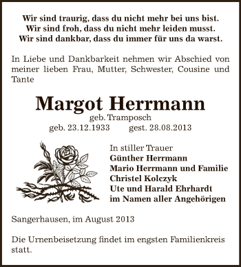 Traueranzeige von Margot Herrmann von Super Sonntag SGH Mansf. Land