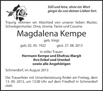 Traueranzeige von Magdalena Kempe von WVG - Wochenspiegel NMB / WSF / ZTZ