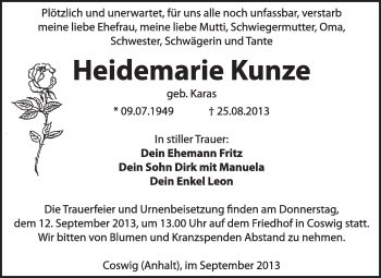 Traueranzeige von Heidemarie Kunze von Super Sonntag Wittenberg