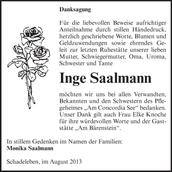 Traueranzeige von Inge Saalmann von WVG - Wochenspiegel Aschersleben