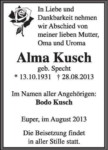 Traueranzeige von Alma Kusch von Super Sonntag Wittenberg