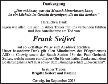 Traueranzeige von Frank Seifert von Super Sonntag Dessau / Köthen
