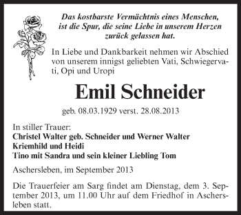 Traueranzeige von Emil Schneider von Super Sonntag Aschersleben