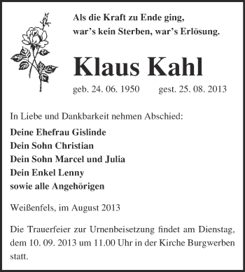 Traueranzeige von Klaus Kahl von WVG - Wochenspiegel NMB / WSF / ZTZ