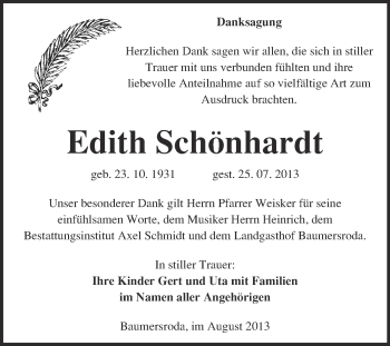 Traueranzeige von Edith Schönhardt von WVG - Wochenspiegel NMB / WSF / ZTZ