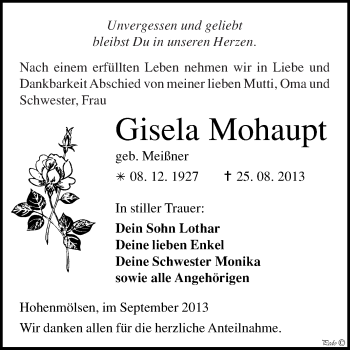 Traueranzeige von Gisela Mohaupt von WVG - Wochenspiegel NMB / WSF / ZTZ