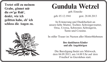 Traueranzeige von Gundula Wetzel von Super Sonntag Aschersleben