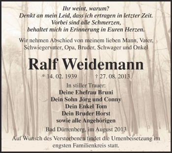 Traueranzeige von Ralf Weidemann von Super Sonntag Merseburg