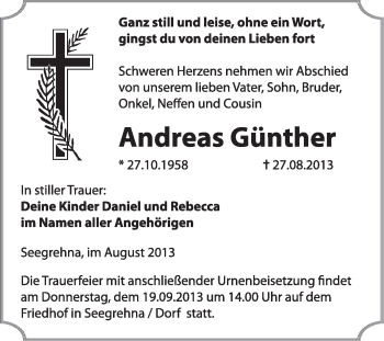 Traueranzeige von Andreas Günther von WVG - Wochenspiegel Wittenberg