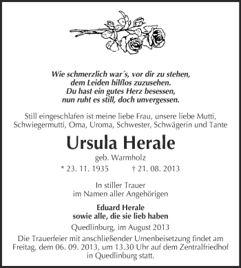 Traueranzeige von Ursula Herale von WVG - Wochenspiegel Quedlinburg