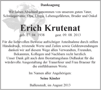 Traueranzeige von Erich Krutenat von WVG - Wochenspiegel Quedlinburg
