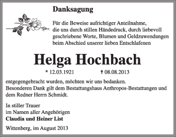 Traueranzeige von Helga Hochbach von Super Sonntag Wittenberg