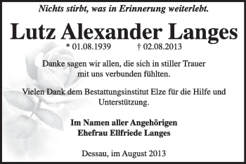 Traueranzeige von Lutz Alexander Langes von Super Sonntag Dessau / Köthen