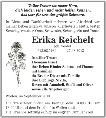 Traueranzeige von Erika Reichelt von WVG - Wochenspiegel Bitterfeld