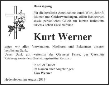 Traueranzeige von Kurt Werner von WVG - Wochenspiegel Quedlinburg