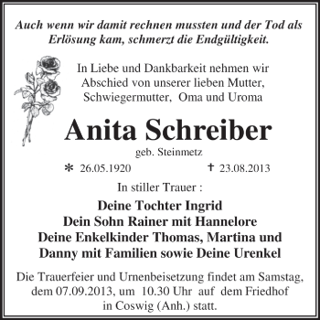 Traueranzeige von Anita Schreiber von Super Sonntag Dessau / Köthen