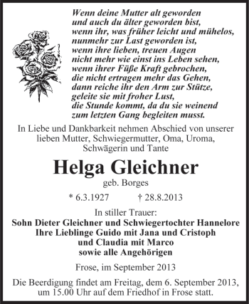 Traueranzeige von Helga Gleichner von Super Sonntag Aschersleben