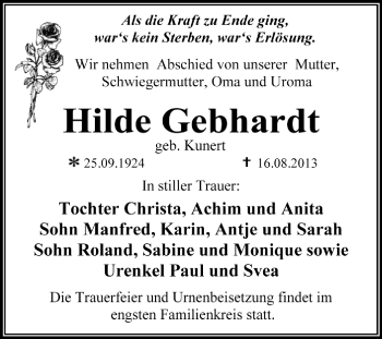 Traueranzeige von Hilde Gebhardt von Super Sonntag Dessau / Köthen