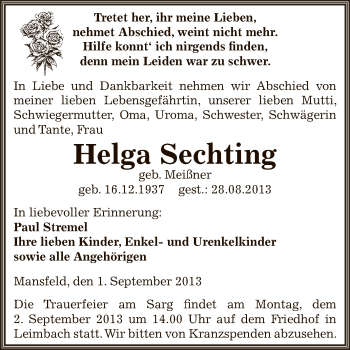 Traueranzeige von Helga Sechting von Super Sonntag SGH Mansf. Land