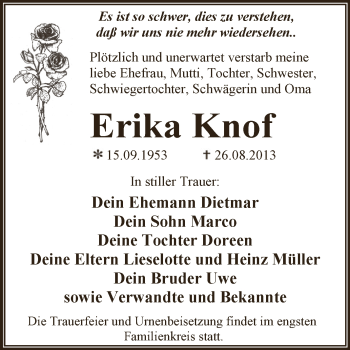 Traueranzeige von Erika Knof von WVG - Wochenspiegel Dessau / Köthen