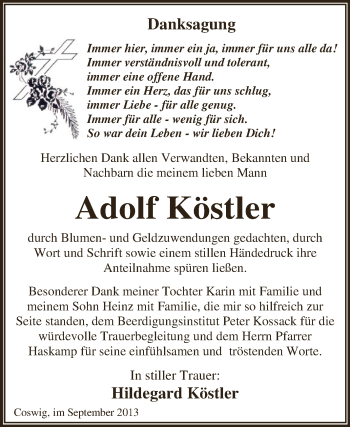 Traueranzeige von Adolf Köstler von WVG - Wochenspiegel Dessau / Köthen