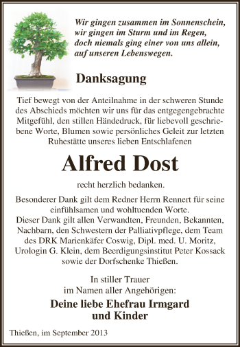 Traueranzeige von Alfred Dost von WVG - Wochenspiegel Dessau / Köthen