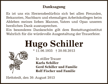 Traueranzeige von Hugo Schiller von Wochenspiegel Mansfelder Land