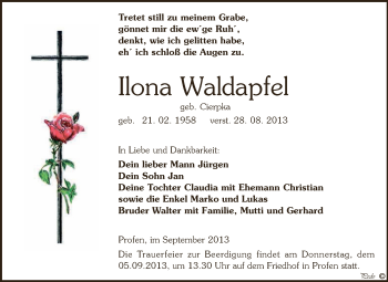 Traueranzeige von Ilona Waldapfel von Super Sonntag Zeitz
