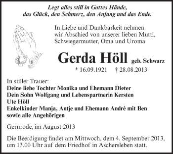 Traueranzeige von Gerda Höll von Super Sonntag Aschersleben