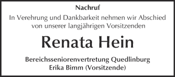 Traueranzeige von Renata Hein von Super Sonntag Quedlinburg