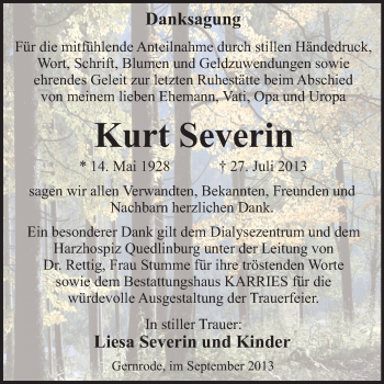 Traueranzeige von Kurt Severin von WVG - Wochenspiegel Quedlinburg