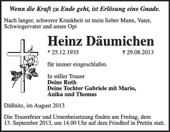 Traueranzeige von Heinz Däumichen von WVG - Wochenspiegel Wittenberg