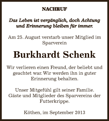 Traueranzeige von Burkhardt Schenk von WVG - Wochenspiegel Dessau / Köthen