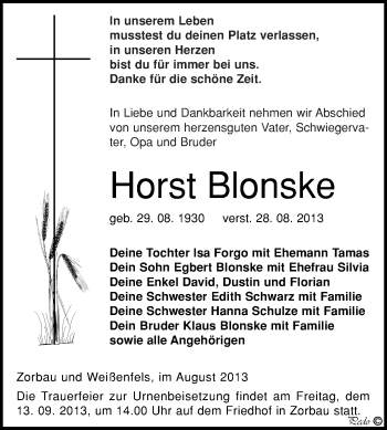 Traueranzeige von Horst Blonske von WVG - Wochenspiegel NMB / WSF / ZTZ
