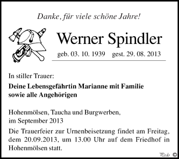 Traueranzeige von Werner Spindler von WVG - Wochenspiegel NMB / WSF / ZTZ