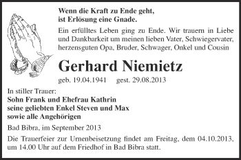 Traueranzeige von Gerhard Niemietz von WVG - Wochenspiegel NMB / WSF / ZTZ