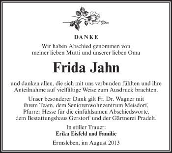 Traueranzeige von Frida Jahn von WVG - Wochenspiegel Aschersleben
