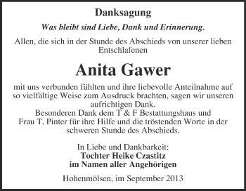 Traueranzeige von Anita Gawer von WVG - Wochenspiegel NMB / WSF / ZTZ