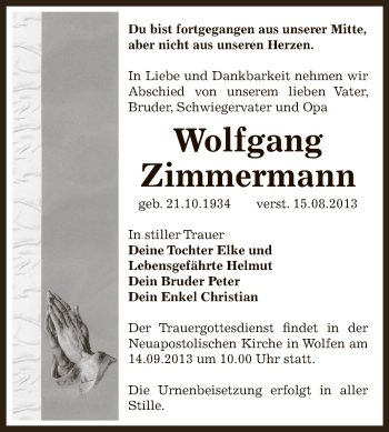 Traueranzeige von Wolfgang Zimmermann von WVG - Wochenspiegel Bitterfeld