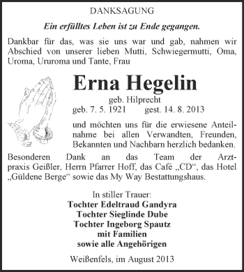 Traueranzeige von Erna Hegelin von Super Sonntag Merseburg