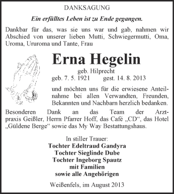 Traueranzeige von Erna Hegelin von Super Sonntag Merseburg