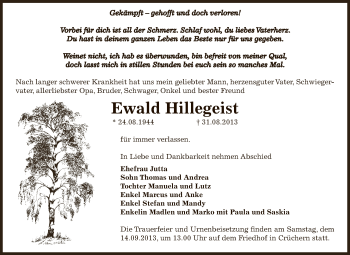 Traueranzeige von Ewald Hillegeist von Super Sonntag Bernburg