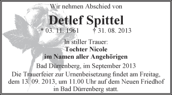 Traueranzeige von Detlef Spittel von Super Sonntag Merseburg